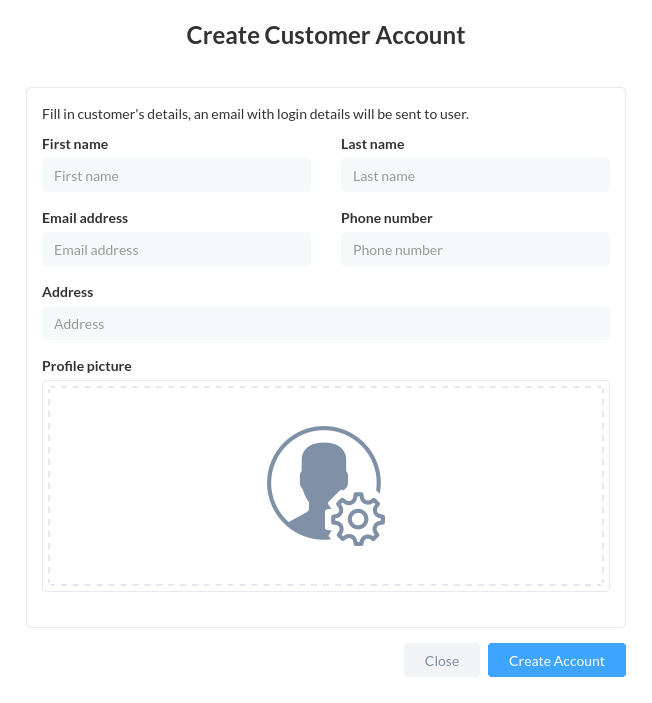 Create Customers Account modal screen