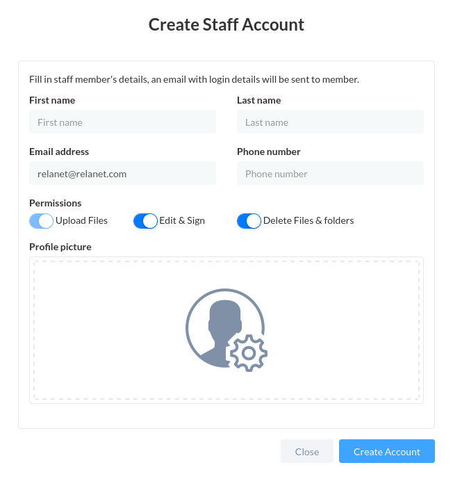 Create Staff Account modal screen